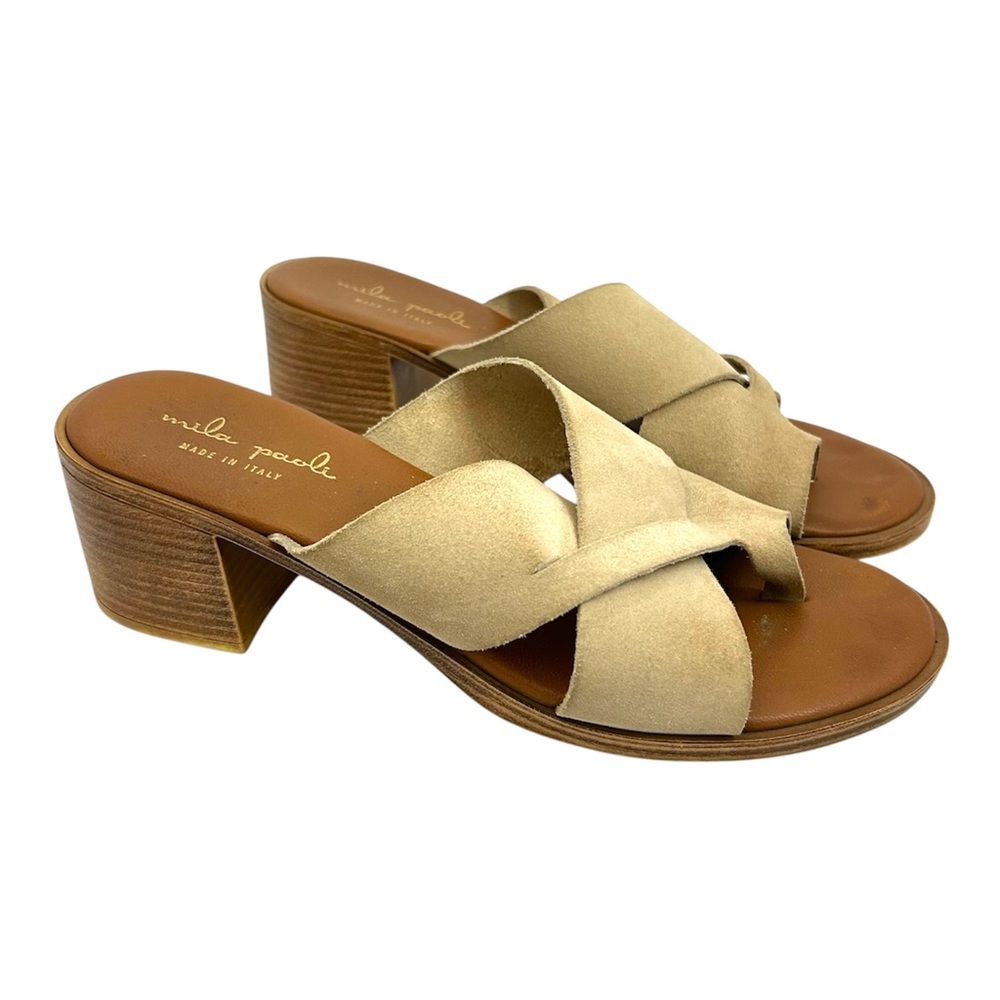 Mila Paolo Suede Criss Cross Strap Block Heel Mule Slide Sandals Beige 8.5 Italy